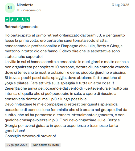 recensione JB Retreats trustpilot nicoletta